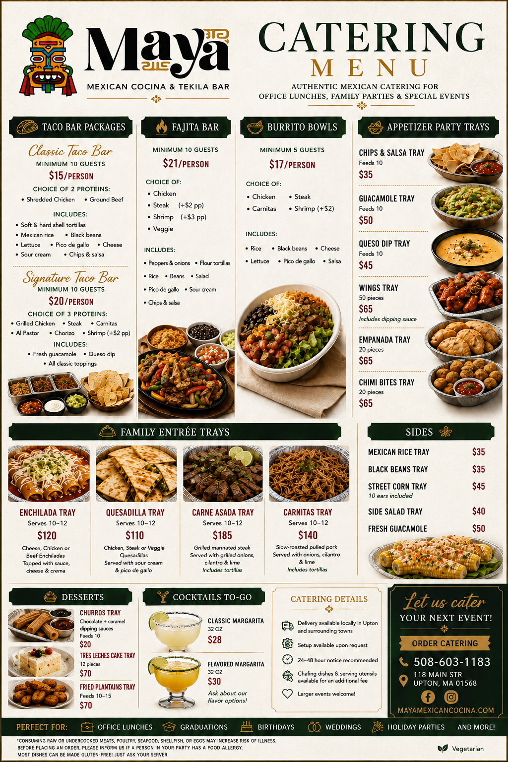 Maya catering menu with taco bars, fajitas, burrito bowls, party trays, family entrées, sides, desserts, cocktails, and prices