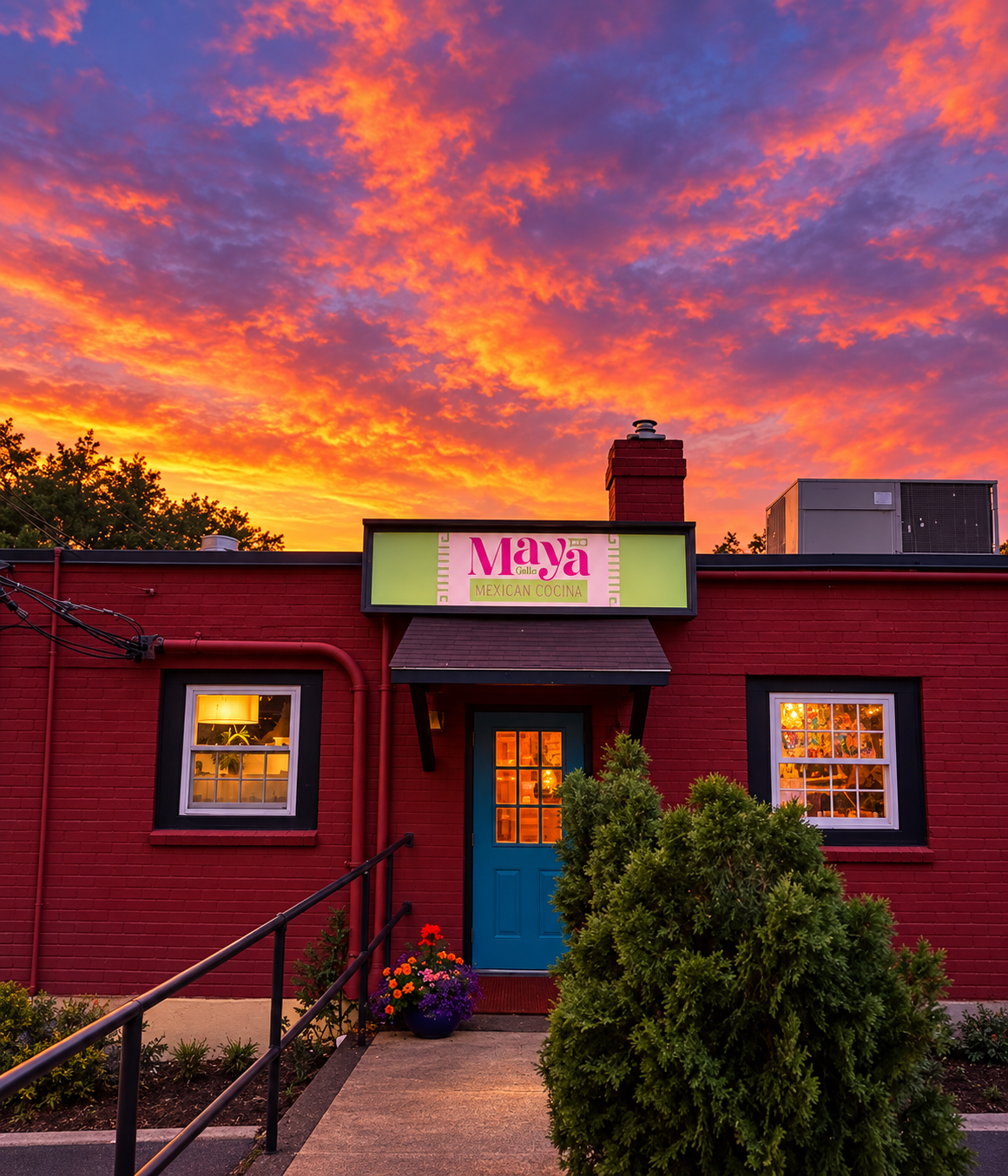 Maya Mexican Cocina entrance beneath a colorful sunset